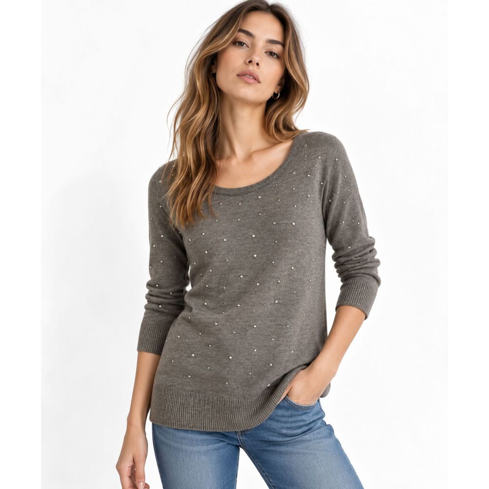 White House Black Market Gray Embellished Sweater Tunic Small Studded Cozy Knit